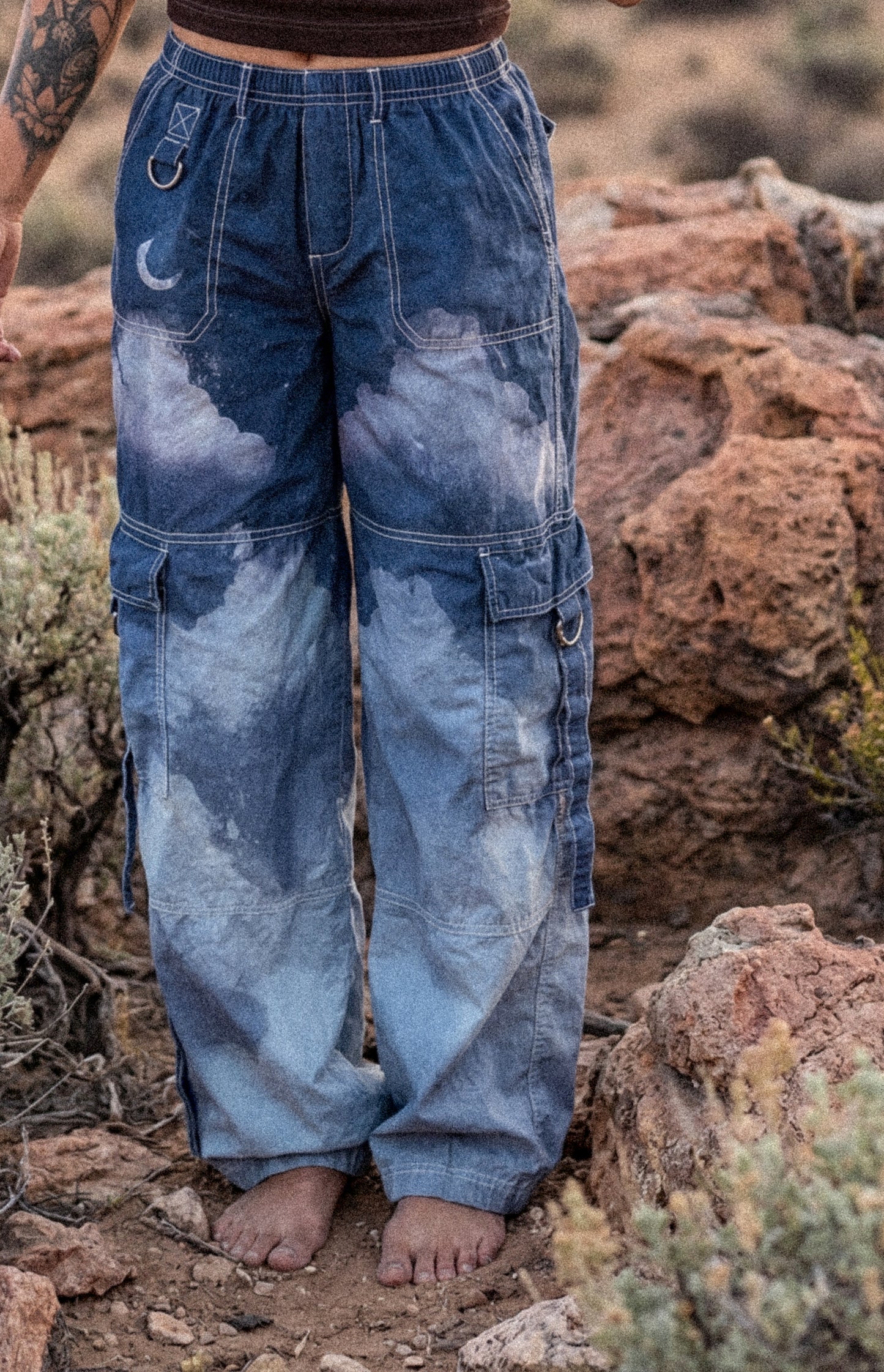 Large- Blue Skies Cloud Cargo Pants - 100% Cotton - Upcycled - Regenera-zhinh - Stretch Waist