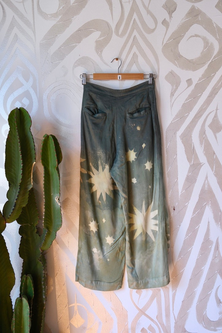 XS/S-  Jade Mountain Star Burst - Short length- HIGHWAISTED  ! Origami pants - made from Lotus Agricultural waste vegan "silk"