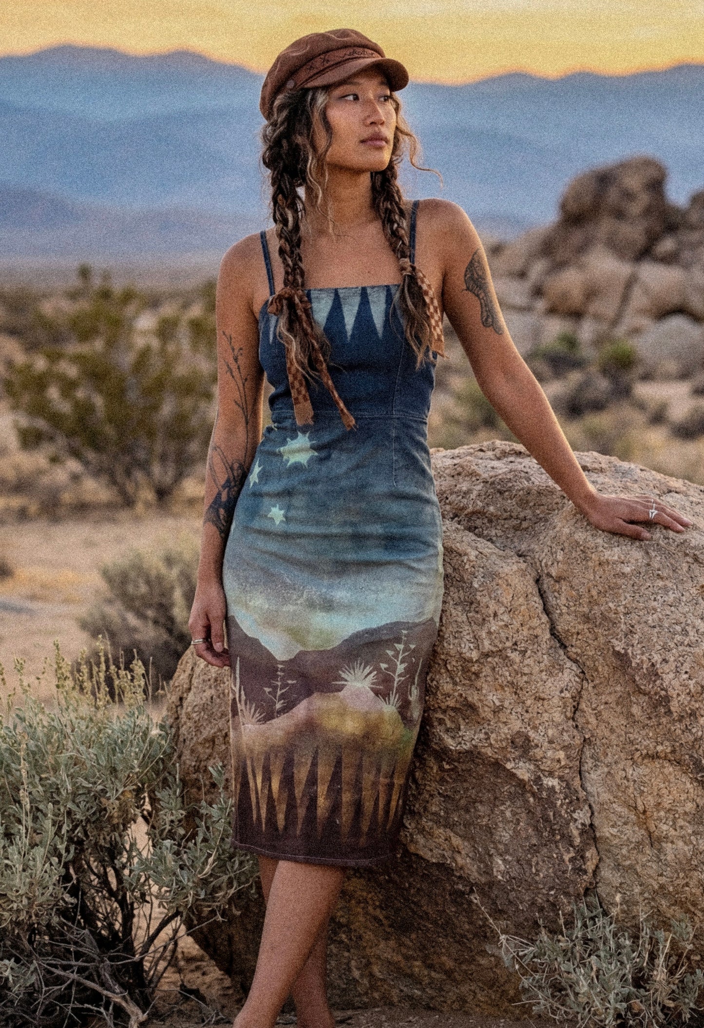 Fits XS & S - High Desert Mountain Dress - Made From 50 Linen/48 Rayon/2 Spndx - Tie Back adjustable and Zipper - Stretchy -Uplcycled