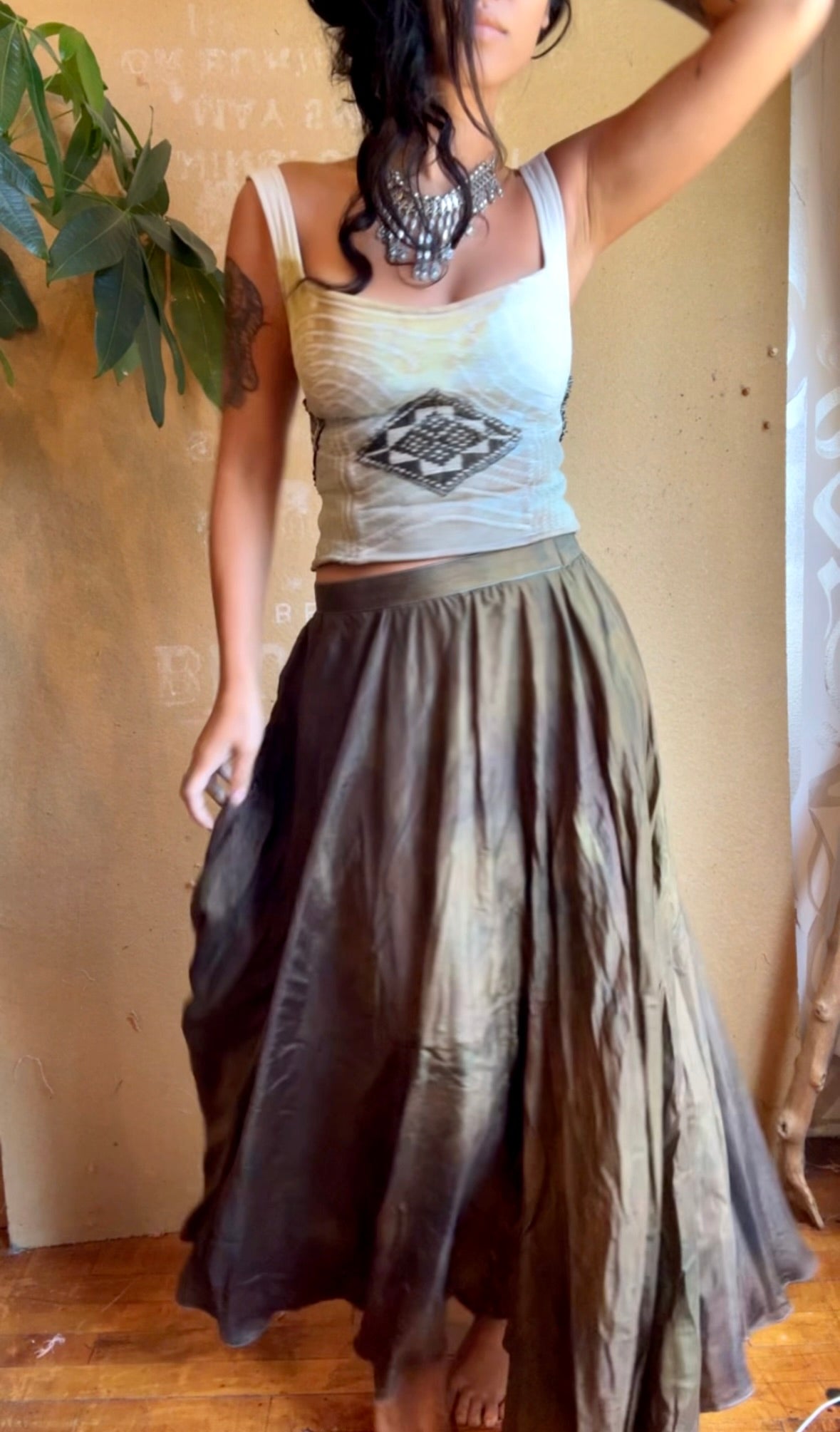 Small - Bronze Beetle Maxi/midi Skirt - Made from 8 meters of 100% Peace Ahisma Silk - Hand dyed- Olive green/bronze/brown -OOAK