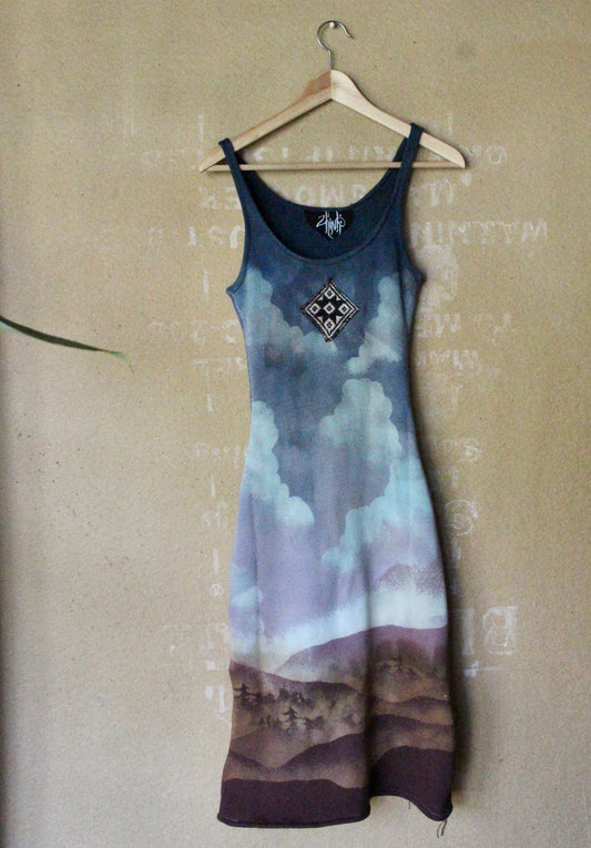 Small - Grand Horizons Tank Dress - Organic Cotton French Terry - dead stock fabric- Hmong hill tribe Vietnamese 70's patch