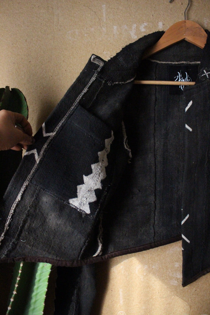 Small - Black - Mud CLoth Jacket -Plant Dyed Black - African Mudcloth-  OOAK - Inside Chest Pocket
