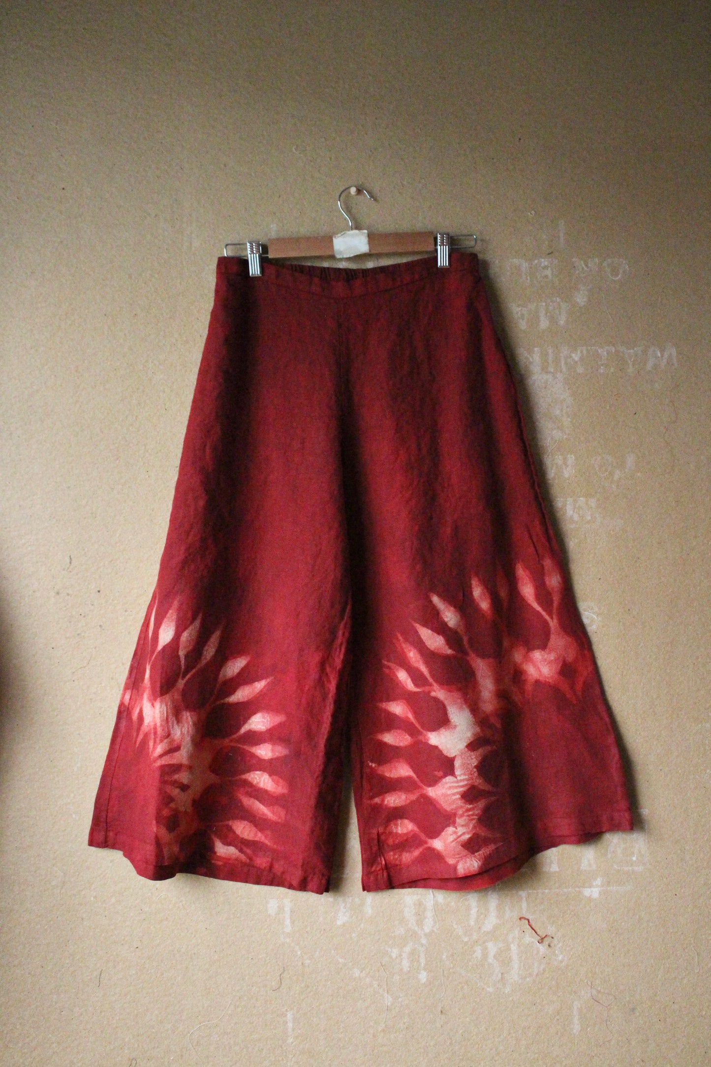 Small/Med - Red Lunadala Wide Legged Pants - 100% Linen - Elastic back band Upcycled