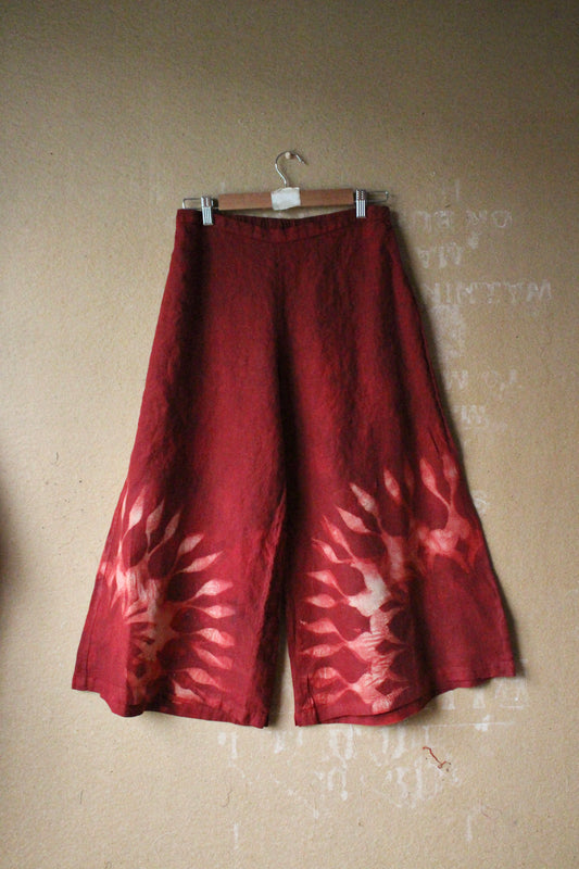 Small/Med - Red Lunadala Wide Legged Pants - 100% Linen - Elastic back band Upcycled