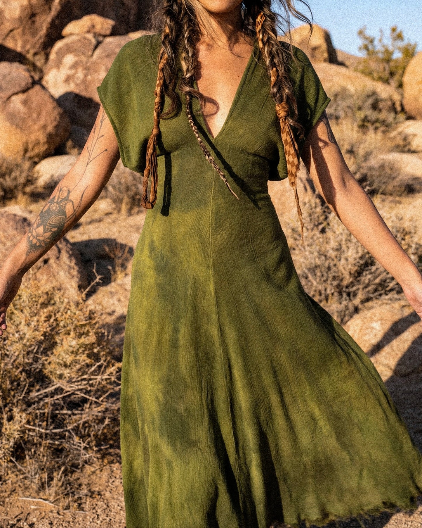 1 MTO Slot- The Moss Henka Dress- Maxi or Midi option -Made to Order (4weeks) Limited Series- Olive Green Henka Dress - 100% Novelty Cotton - Deadstock Fluid and very soft&textured - limited series- hand dyed in studio