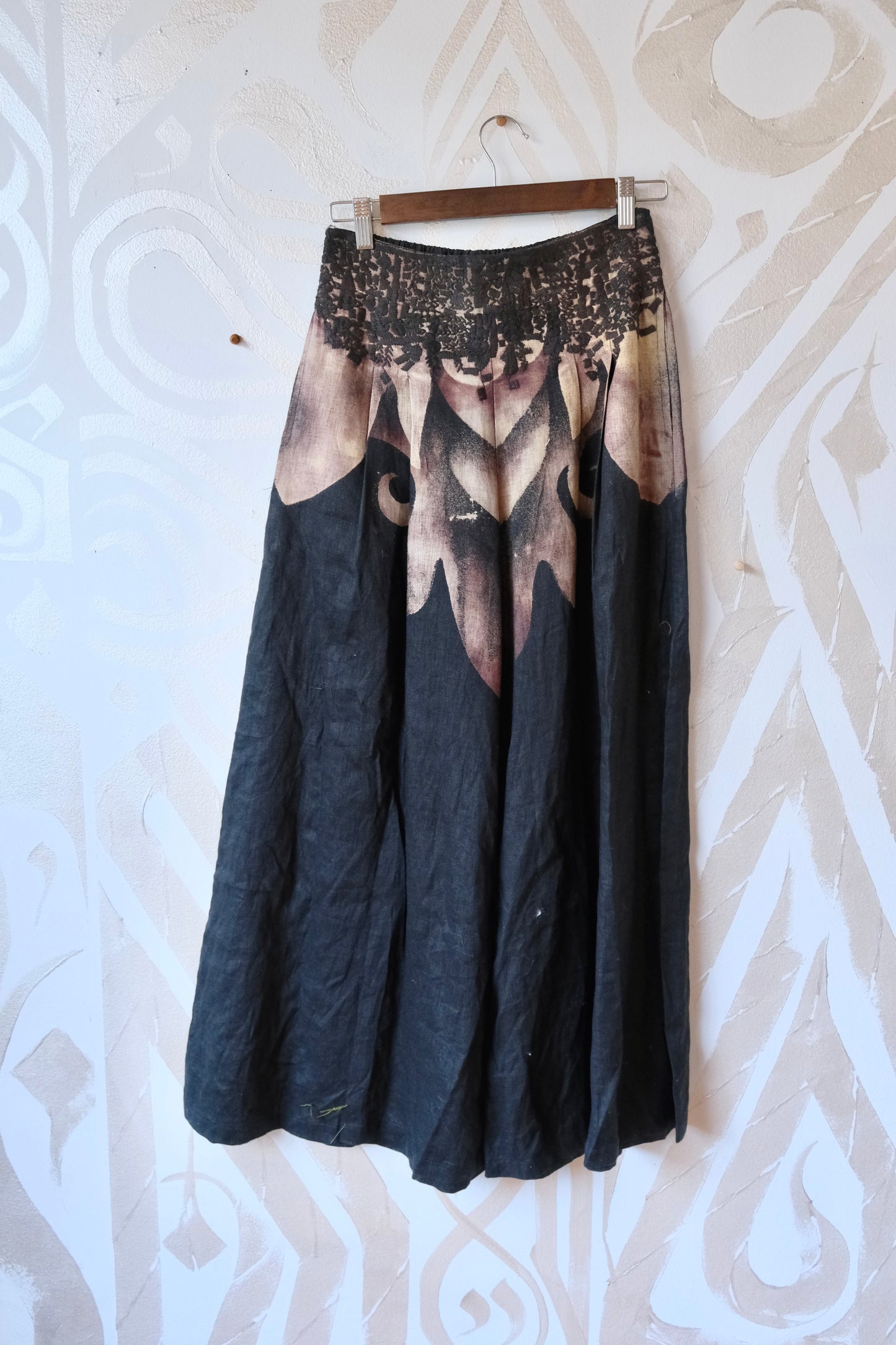 Size 4 - (Fits small -Medium ) The Black Dragon Pants- Wide legged Skirt Like Pants - -Pleated - Pockets -40 Cotton 60 Linen - OOAK - Embroidered Detailed waist - Stretch back waist band