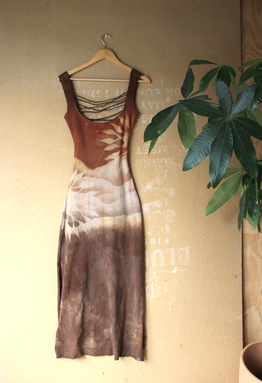 Small- Terracotta Skies - Lunadala Dress - 100% Thick heavy height Knitted cotton - Strudy dress - deadstock fabric - tie back