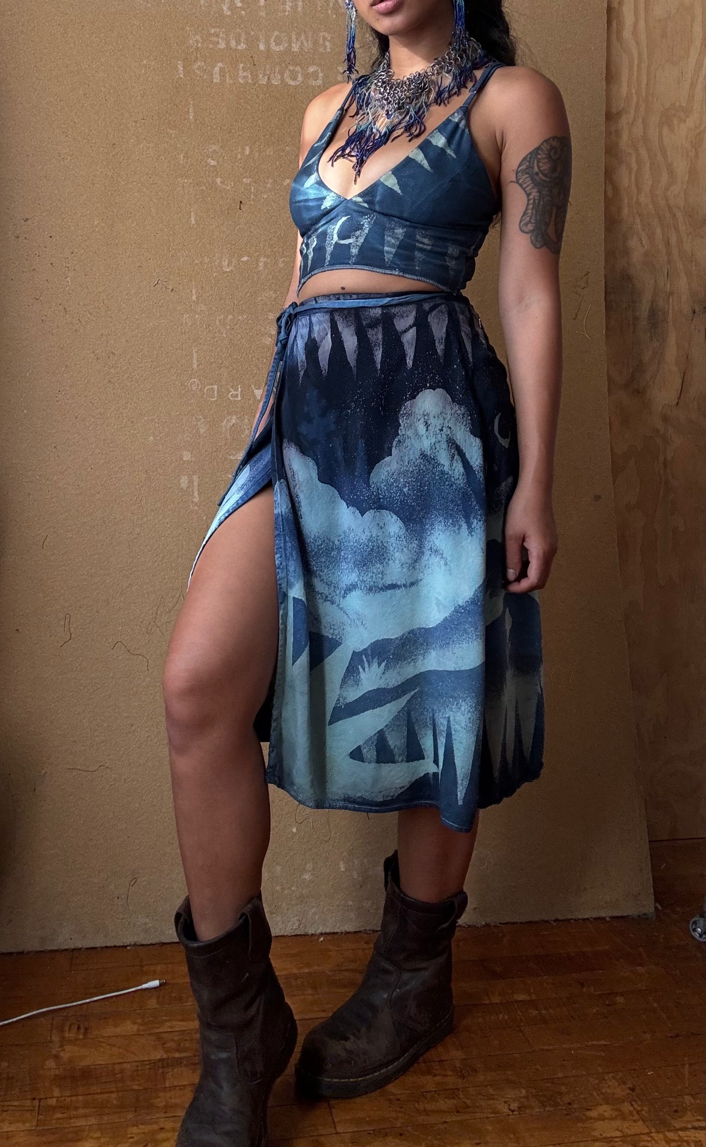 S/M -Blues Dreamscape Wrap skirt - Lotus Fabric Wrap Skirt