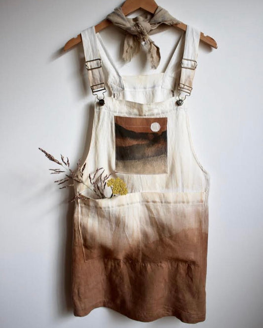 Plant Dyed Overal Dress - Dyed with Acorns Collected from down my street- Pocket Dyed with Iron and bleach over plant dyed acorn cotton