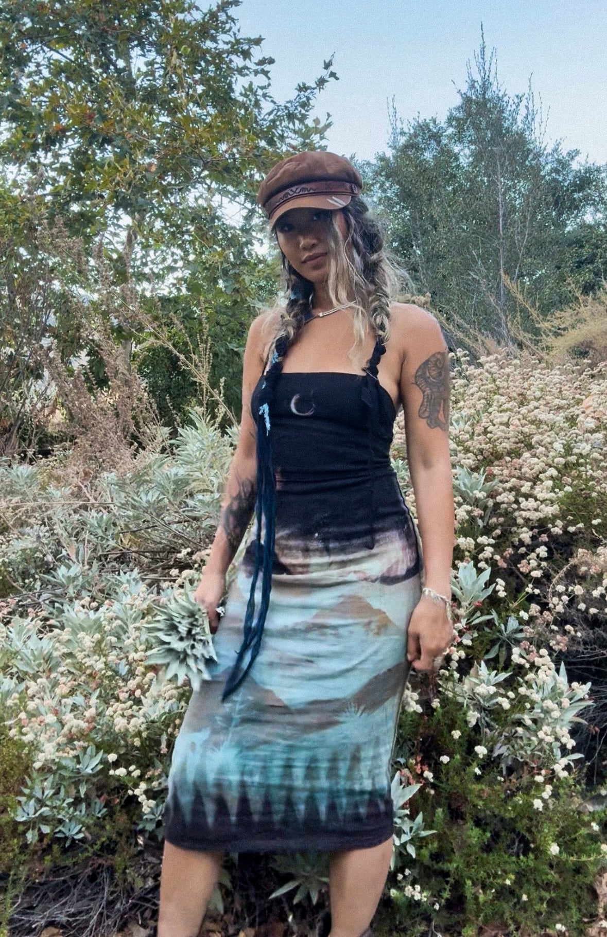 M/L - Midnight Glowing Mountains- Dress - Tie Back & Zipper - 50% Linen  48% Rayon  2% Spndx - Adjustable Straps-Upcycled Regenerazhinh -OOAK - Recommended for Heights 5.6ft and under