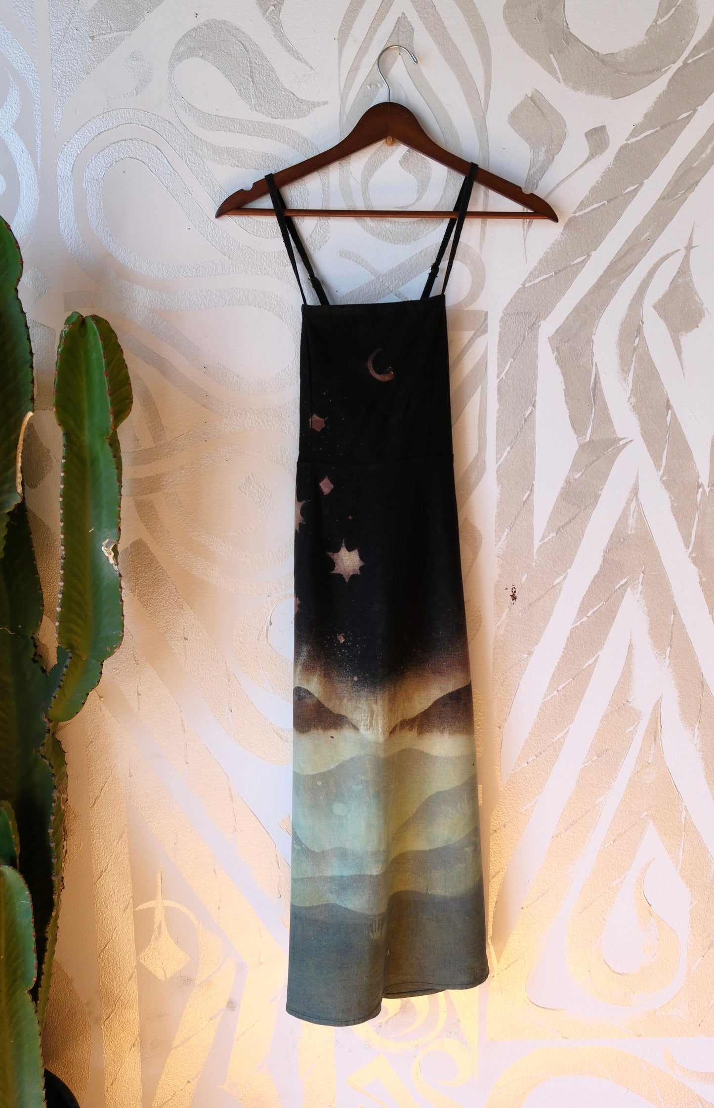 Small - Midnight Glowing Misty Mountains- Dress - Tie Back & Zipper - 50% Linen  48% Rayon  2% Spndx - Adjustable Straps-Upcycled Regenerazhinh -OOAK