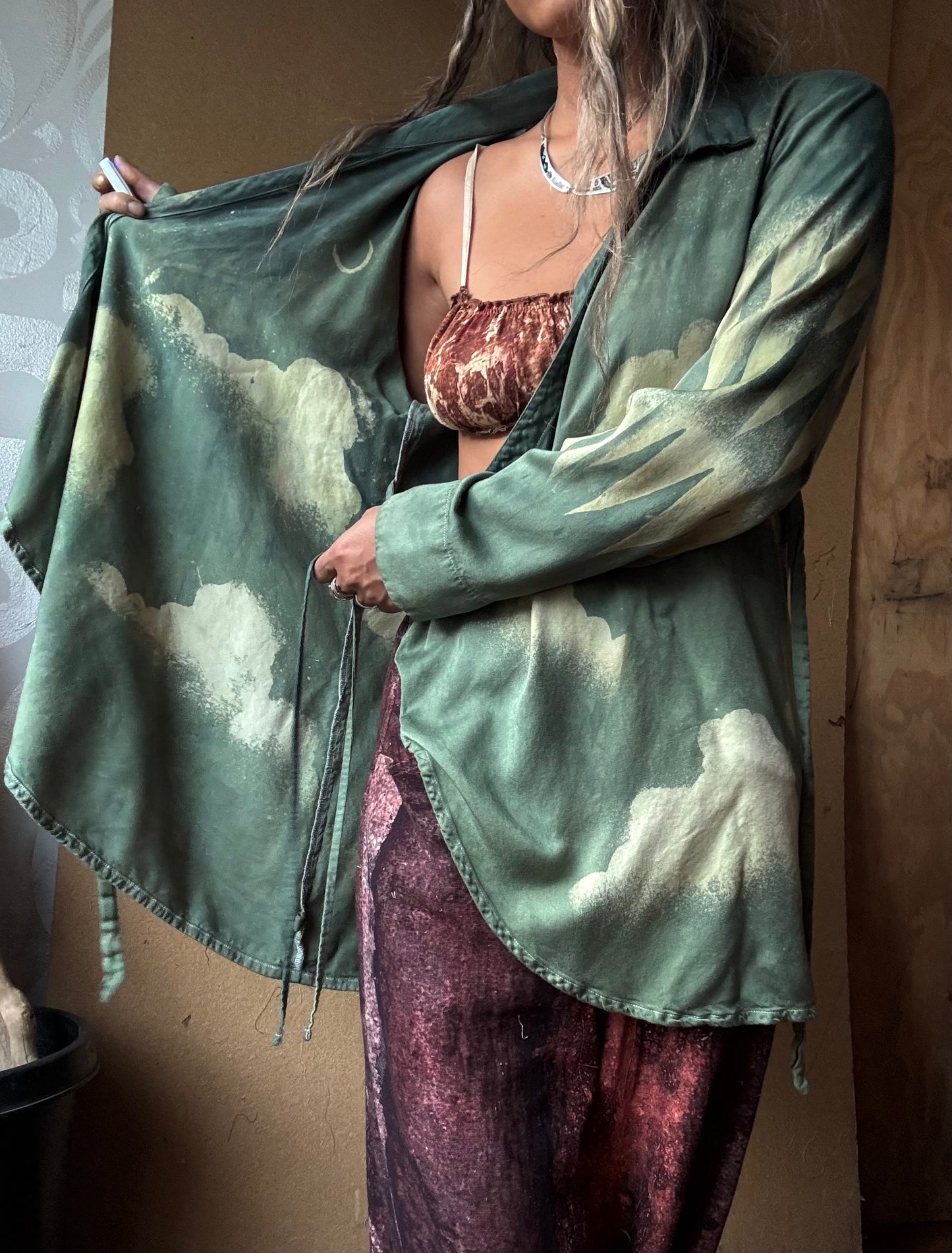 S/M - Jade Cloudy Skies Mountainous Sleeves-  Lotus Wrap Top- Vegan Silk Made from Lotus Waste - Versatile Style