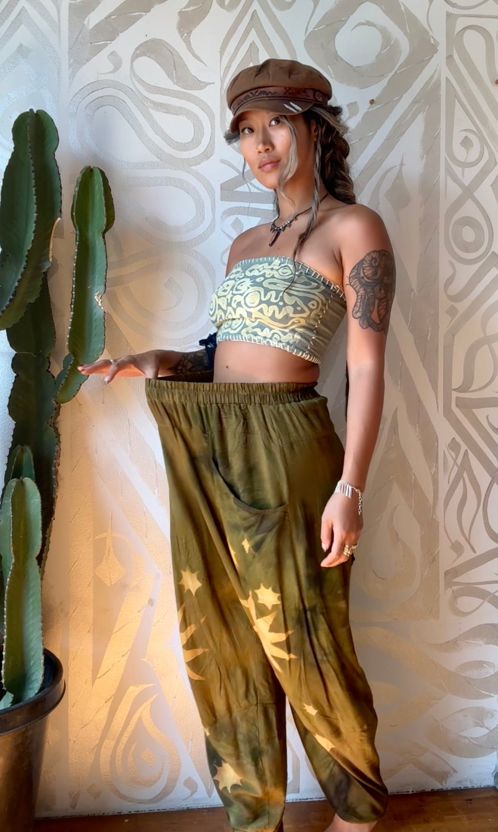 S/M - Olive Green Star Burst - Parachute Pants - Made from Lotus Agricultural Waste Vegan Silk-