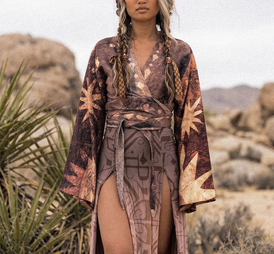 MTO - GOA Earth Celestial Kimono Wrap top - Made to Order/Pre Order - 4-7 week time turn around- OXIDATION of the World Collection - 100% Organic Hand loomed Kala cotton -Digital Print/ Hand Painted Embellishments-bell sleeves