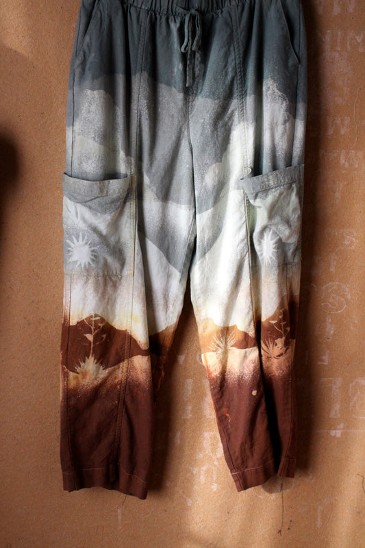 2 Pants OOAK Medium/Large- Landscape - Temple Swirl - 55% linen 45% Rayon Stretch Waist- Regenerazhinh Upcycled Pants (Copy)