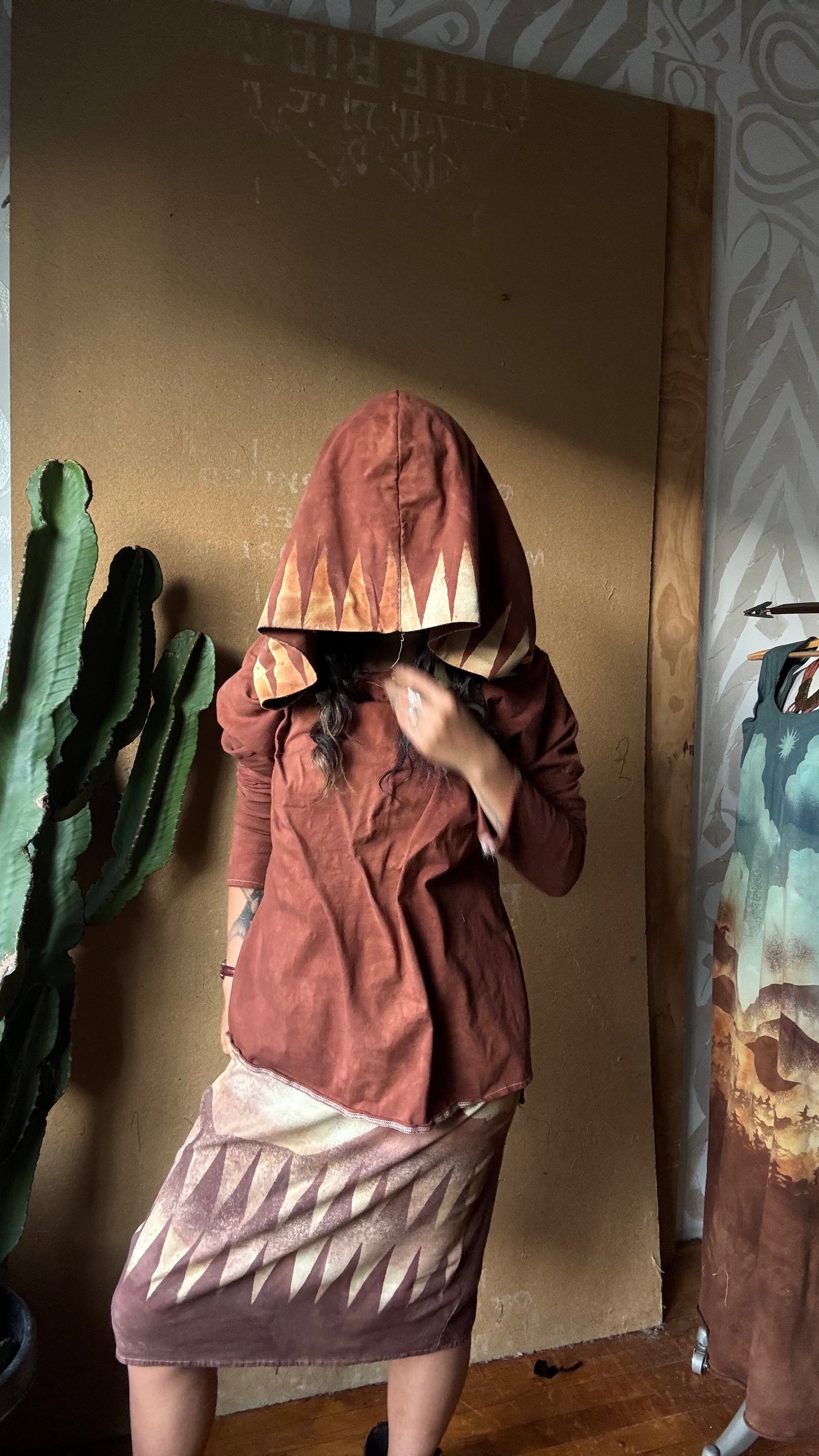 Medium -Terracotta Clay plain solid with Mountain print hood - Slouchy Long sleeve Hoodie  - Oversized Hoodie - 100% Triple layered Cotton heavy weight cotton Gauze - Cotton thermal stretch sleeves