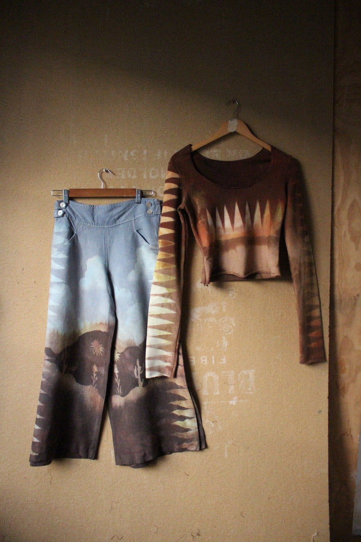 Small- OOAK High Desert Mountains- Wide Legged Pants - Short measurements below- Upcycled