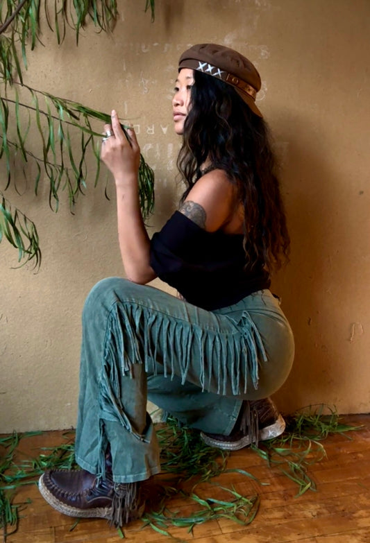 Newly Restocked! Agave -Ready To Ship - S/M/L/XL Chap Fringe Legging Semi Flares -Pants - Lounge/Yoga/Dancing/Festival wear -Made In LA, California - super soft - sturdy medium/heavy weight - 96% Cotton 4%Spandex