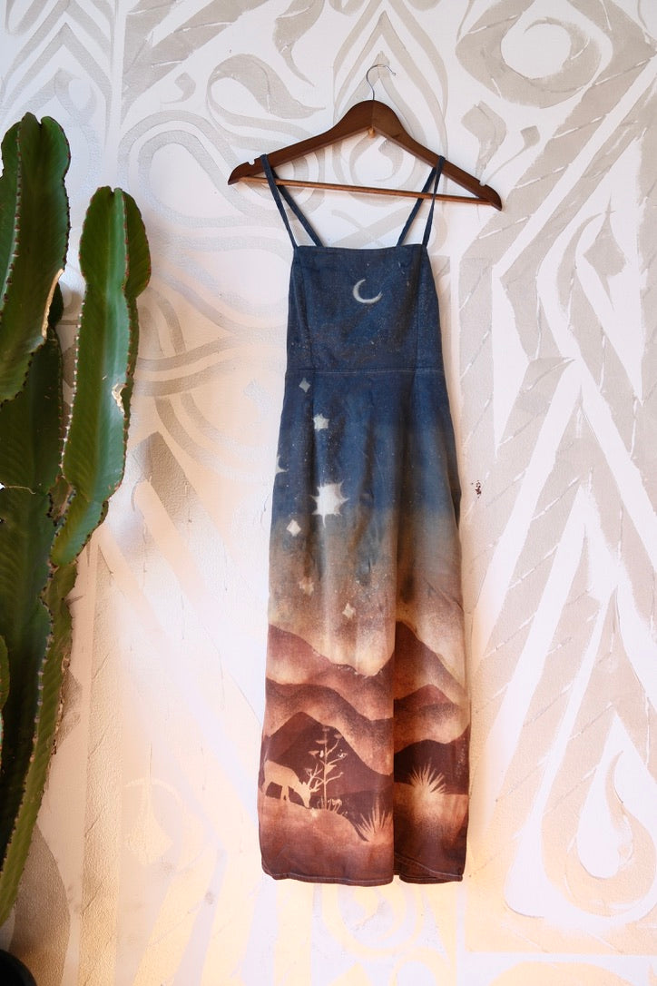 S/M -  Golden Hour In the Mountains- Dress - Tie Back & Zipper - 50% Linen  48% Rayon  2% Spndx - Adjustable Straps-Upcycled Regenerazhinh -OOAK - Recommended for Heights 5.8 and under