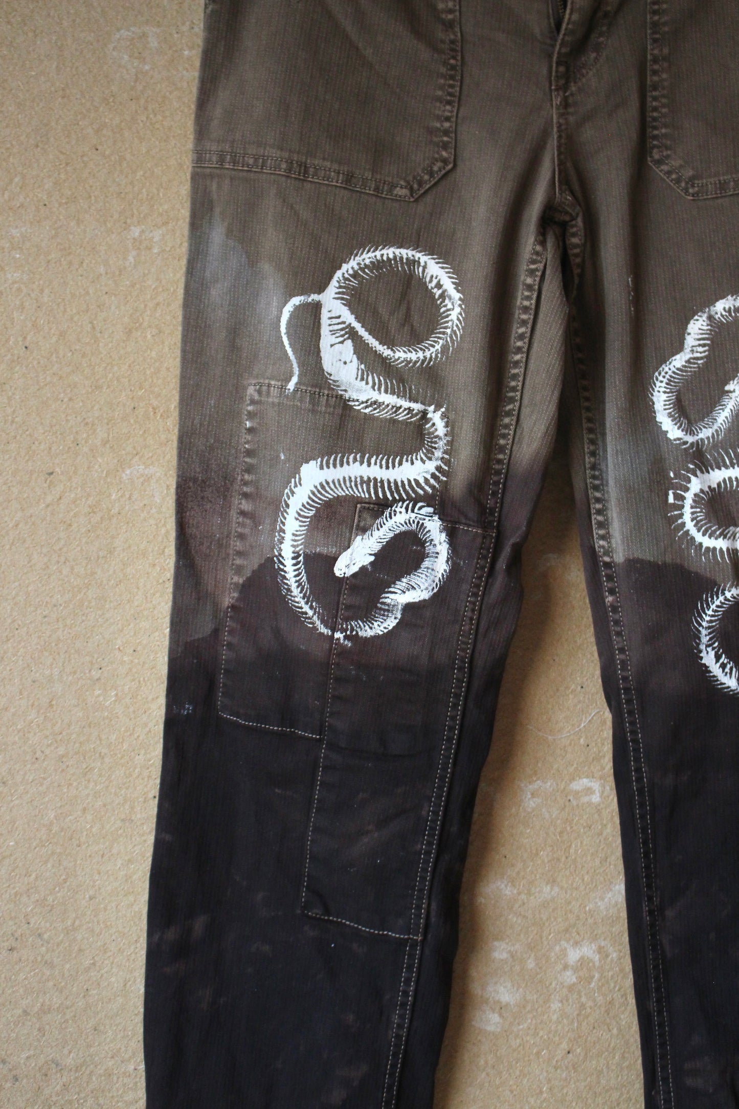 Size 8-10  - Serpent Bones Pants Upcycled - 29x30 - screen printed -hand dyed -98% Cotton 2% Spandex