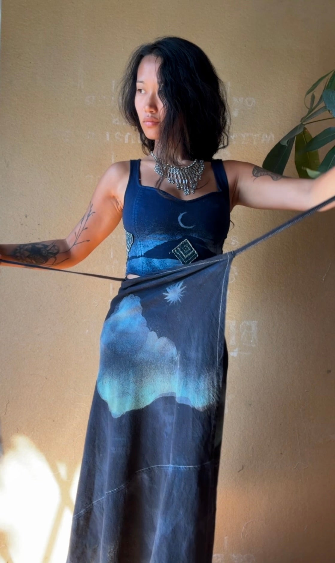 Fits Small & Medium Midnight Moon SET - Corset Top and Wrap Skirt - Vintage 70's Hmong HIll Tribe Vietnamese Patch