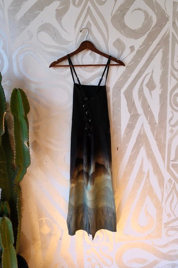 Small - Midnight Glowing Misty Mountains- Dress - Tie Back & Zipper - 50% Linen  48% Rayon  2% Spndx - Adjustable Straps-Upcycled Regenerazhinh -OOAK