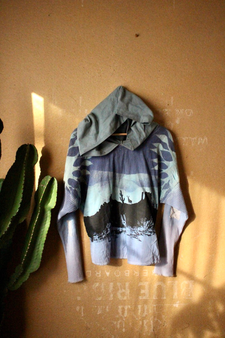 Small/Medium - Desert Blues -Slouchy Long sleeve Hoodie  - Oversized Hoodie - 100% Triiple Layered heavy weight oRganic cotton Gauze - Warm - Cotton open weave sleeves and hood (Copy)
