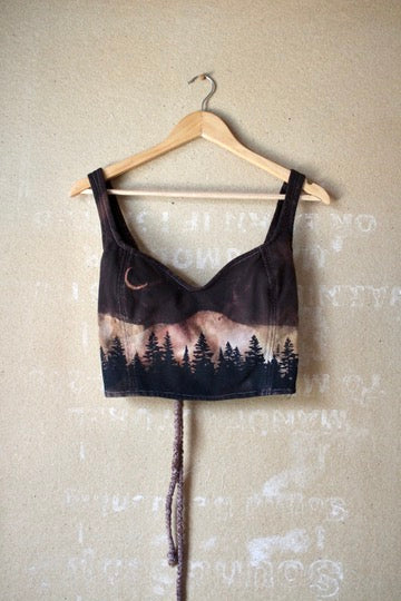 Small - Dark Night Corset Top - Trees landscape - crescent moon- 100% organic heavy weight thick strong french terry - Sturdy