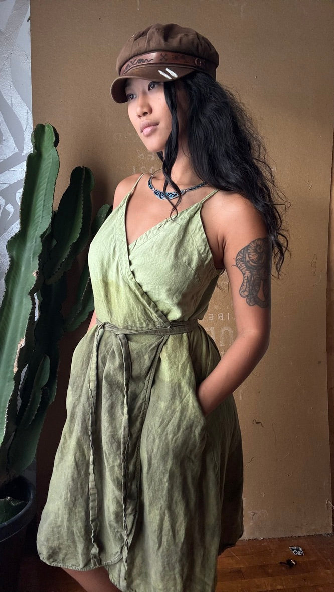 Medium - Green Ombre Soothe - Wrap Dress 100% Linen - Upcycled - Regenerazhinh