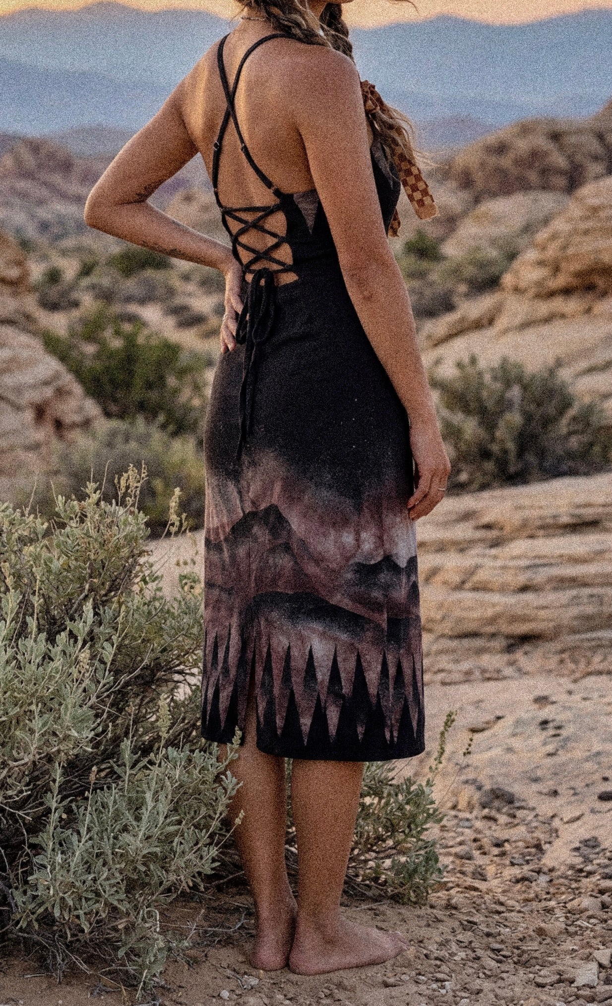 Fits M/L - Black Mysteries of the Mountains Dress-Made From 50% Linen 48%Rayon 2 % Spndx - Tie Back adjustable and Zipper - Stretchy -Uplcycled