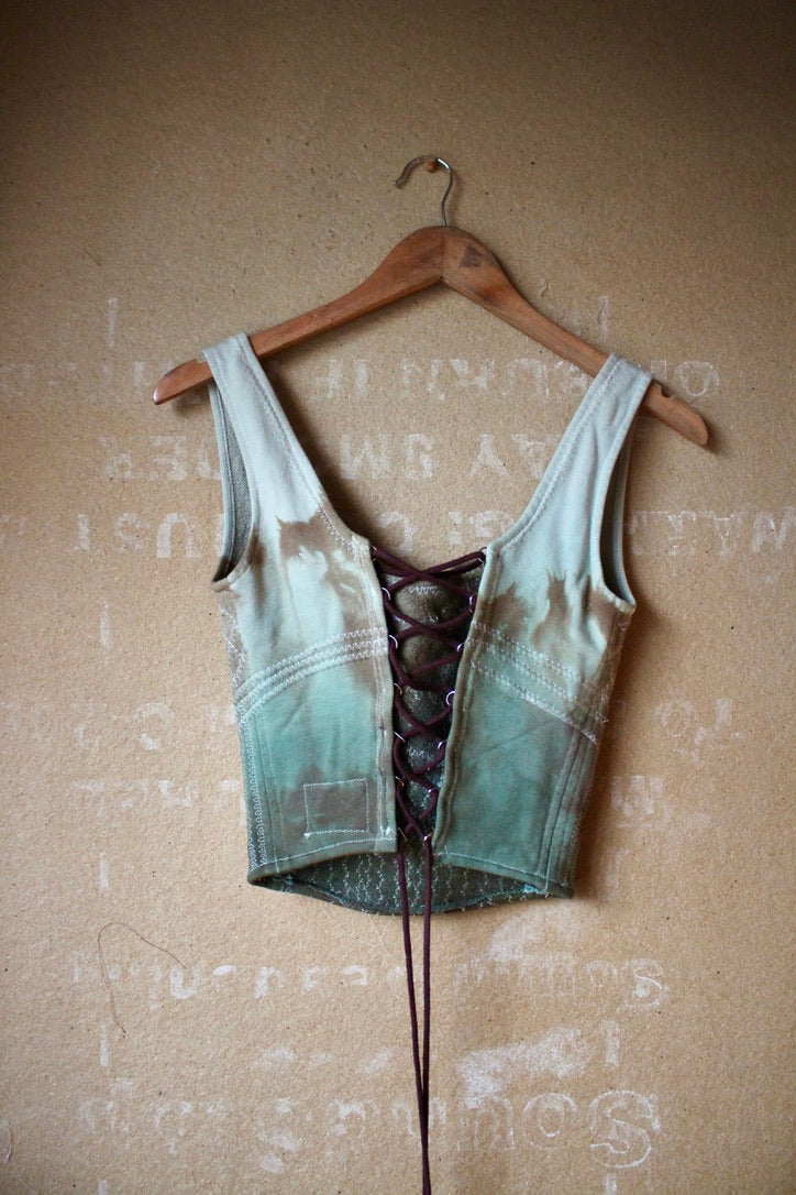 Medium - Turquoise Continuum Corset Top - Full Length- RTS - Sewing Machine Hand guided stitch details