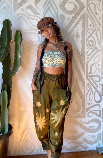 S/M - Olive Green Star Burst - Parachute Pants - Made from Lotus Agricultural Waste Vegan Silk-