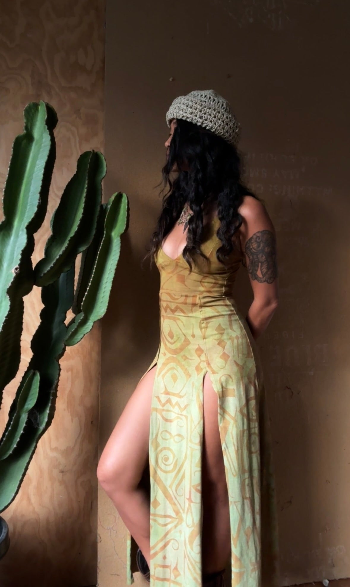 Small - Mustard Lime Glow - Limited series -Darkoski X Zhinh Collaboration Empress Warrior Slit Dress- Screen Printed 66% bamboo, 26% cotton, 8% spandex- Recommended for 5.5ft and under