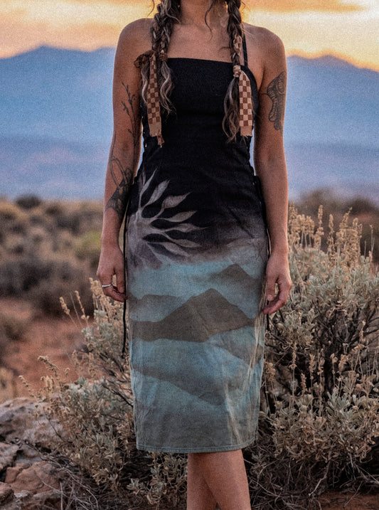 Small/Medium - Luna-dala Foggy Mountain Mysteries Dress - Made From 50% Linen 48%Rayon 2 % Spndx - Tie Back adjustable and Zipper - Stretchy -Uplcycled