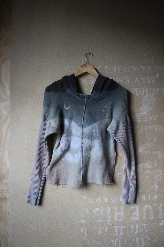 XS- ITs a Moody Day Hoodie Longsleeve top -OOAK - Cotton Thermal sleeves- - Oversized Hood- 100% open weave Cotton - Deadstock fabric lightweight and warm