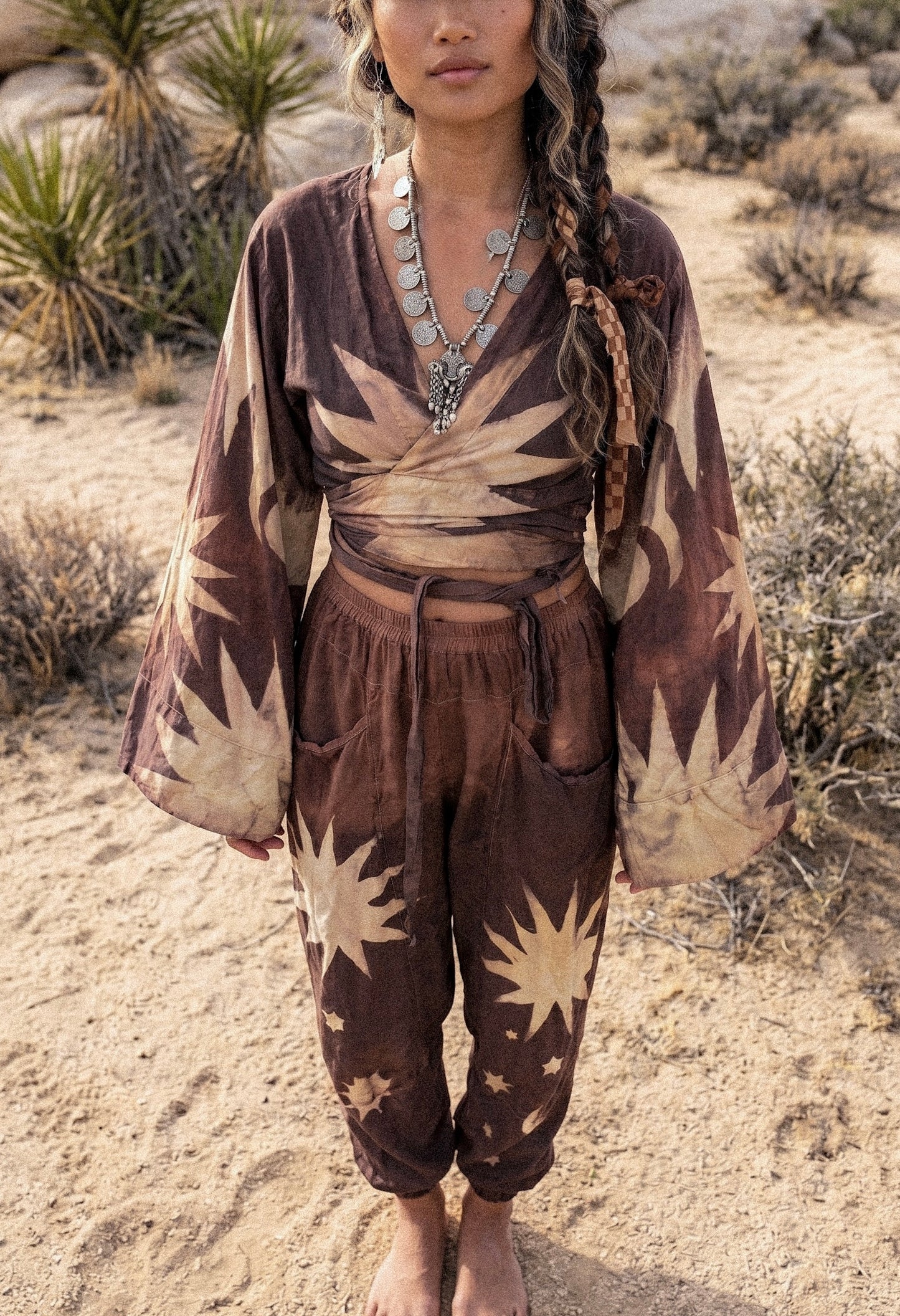 S/M- Mauve Starburst -Kimono Wrap Top- RTS- Regal/Casual - Bell sleeves- Made From Lotus Agricultural waste "Silk"