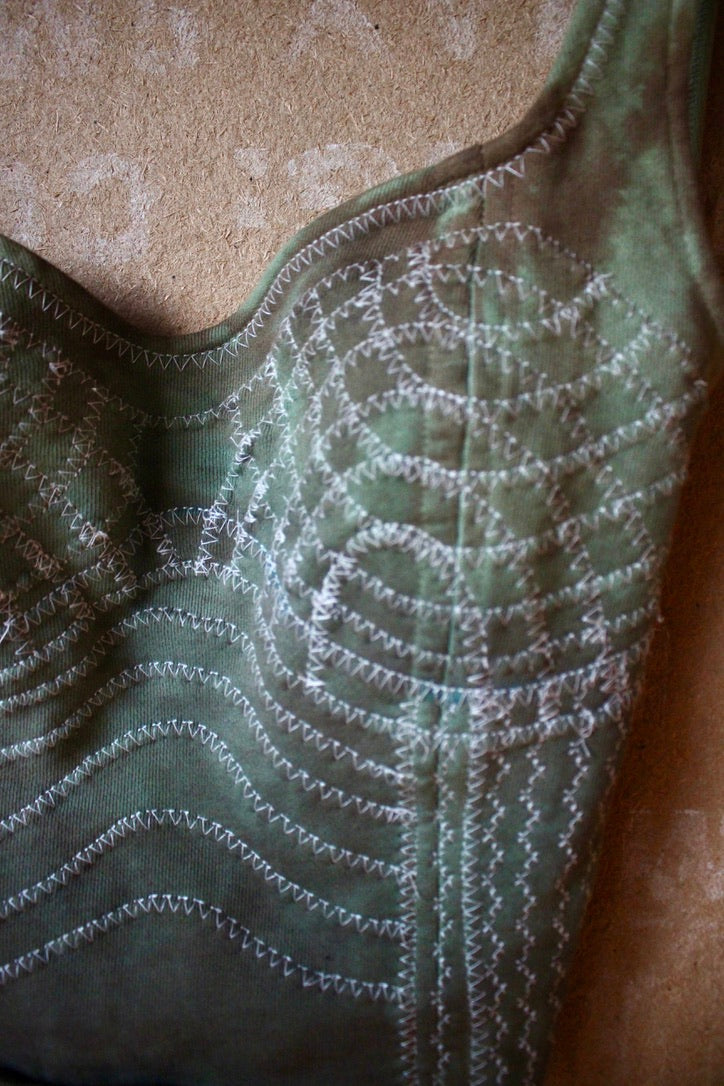 Small/medium -Turquoise Cactus Continuum Corset Top - Full Length- RTS - Sewing Machine Hand guided stitch details