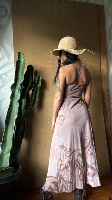 Small - Mauve Flow Print  -SHort Length ( recommended For 5.5ft and shorter)  Limited series -Darkoski X Zhinh Collaboration Empress Warrior Slit Dress- Screen Printed 66% bamboo, 26% cotton, 8% spandex- Recommended for 5.5ft and under - 2 in stock