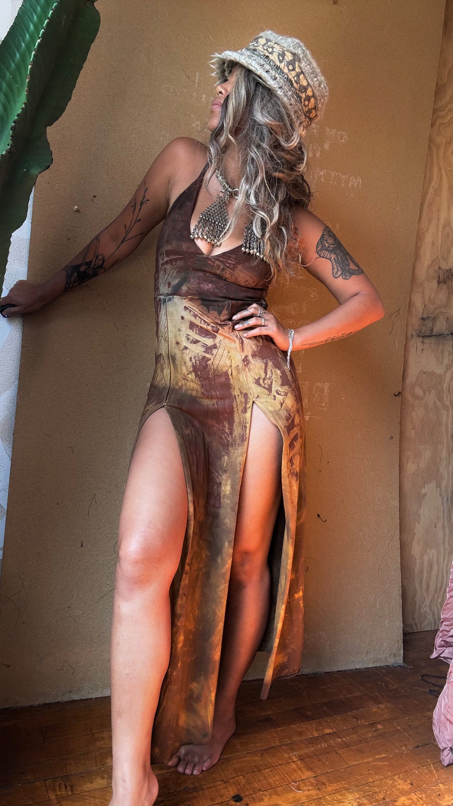 Small - OXIDATE Rust Empress Slit Dress- OOAK - Hand dyed/Painted - Bamboo/Cotton/4 % Spndx