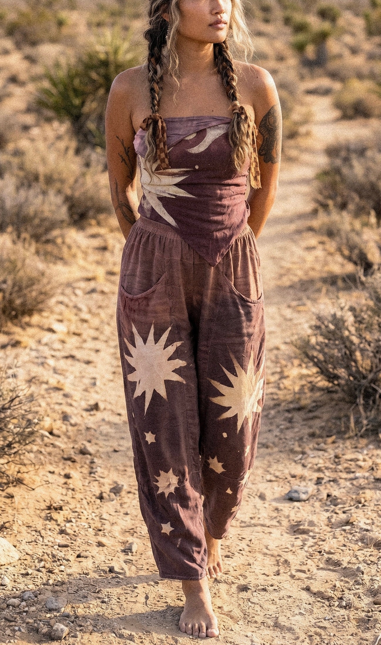 Small/Medium -Mauve Celestial Starburst  Parachutte Pants - Lotus Waste "Silk" - Milky/Soft - Soft Spandex stretch waist