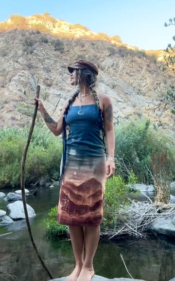 S/M -  Golden Hour In the Mountains- Dress - Tie Back & Zipper - 50% Linen  48% Rayon  2% Spndx - Adjustable Straps-Upcycled Regenerazhinh -OOAK - Recommended for Heights 5.8 and under