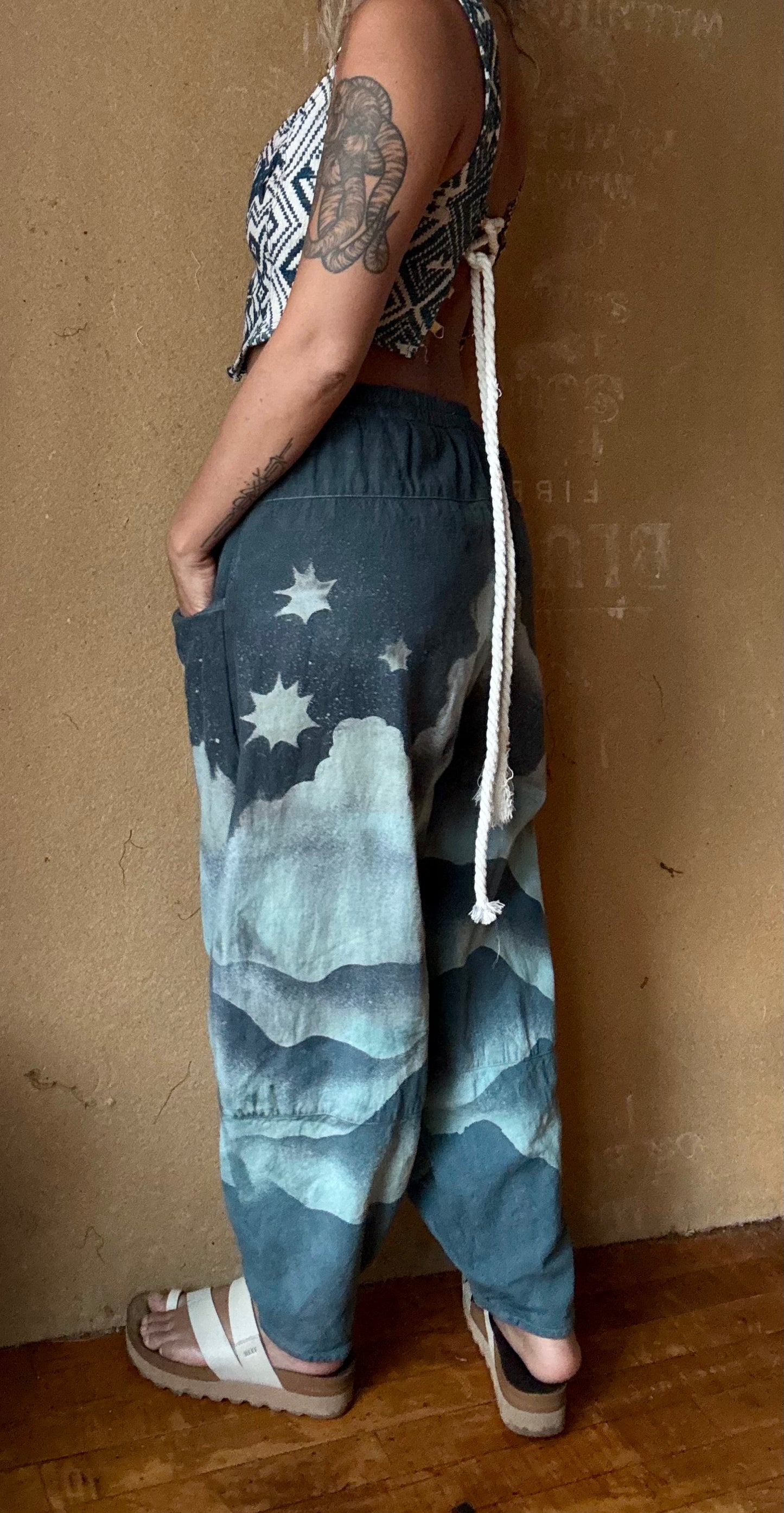 S/M -Monday Blues Mountain Hike Parachute Pants 100% Organic Hand loomed Kala Cotton
