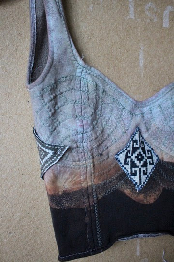 XS/S - Continuum/Integration Corset Top - Vintage 70's Handwoven Vietnamese patches - Adjustable back