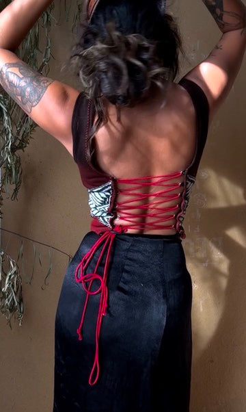 RTS -Fits XS and Small- Continuum Integration-Charcoal Embers Corset Top -Ready to Ship- Hand dyed-70's Vintage Vietnamese Hmong hilltribe woven textile patches