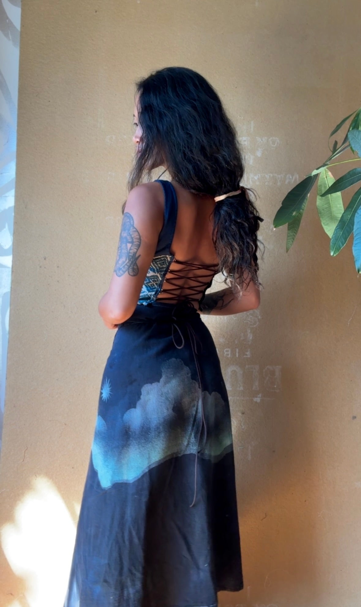 Fits Small & Medium Midnight Moon SET - Corset Top and Wrap Skirt - Vintage 70's Hmong HIll Tribe Vietnamese Patch