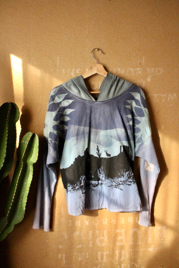 Small/Medium - Desert Blues -Slouchy Long sleeve Hoodie  - Oversized Hoodie - 100% Triiple Layered heavy weight oRganic cotton Gauze - Warm - Cotton open weave sleeves and hood (Copy)