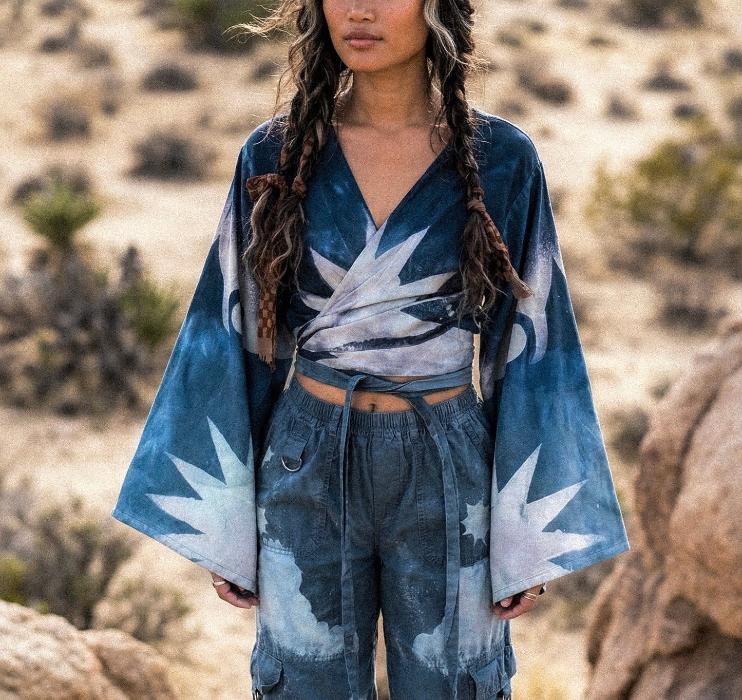 2 RTS- S/M Blue Celestial Burst Temple Swirl -  Kimono Wrap Top-- Made From Lotus Agricultural waste "Silk" (Copy)