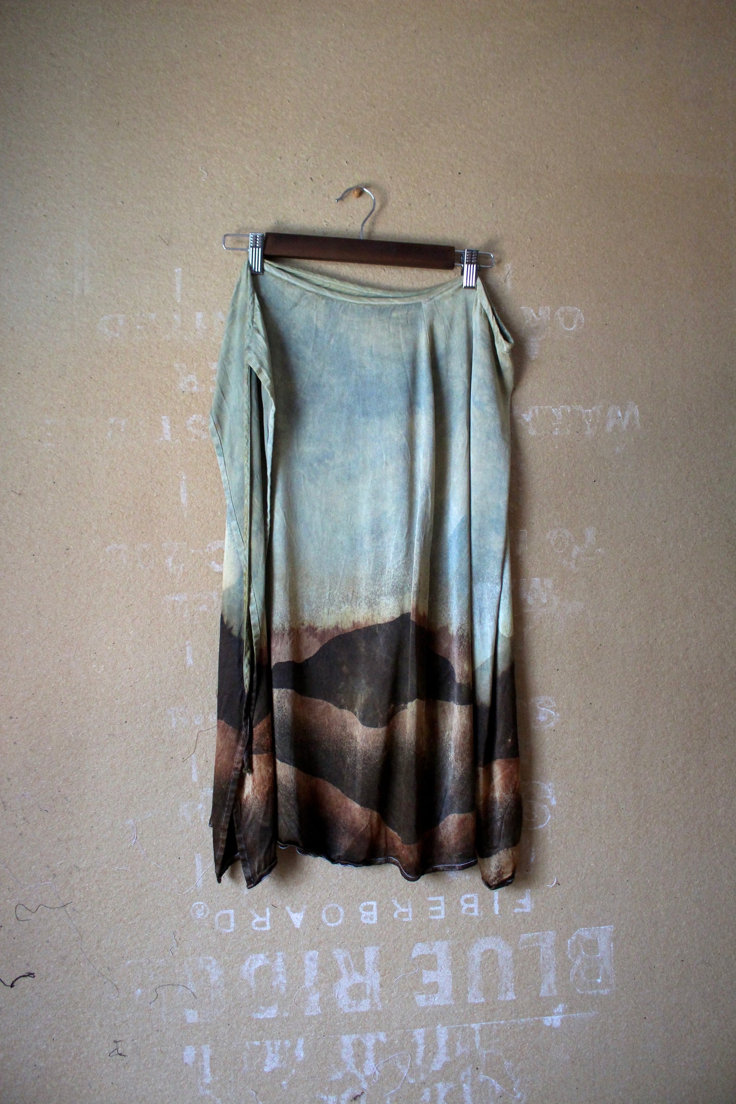 S/M - Mountain Hike Landscape Tapestry Wrap Skirt - Light Blue with evver slight green haze over sky - Orange Peel silk Wrap Skirt