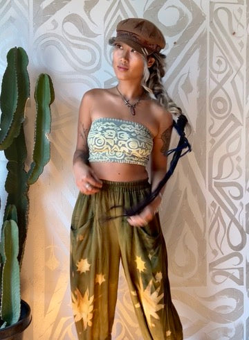 S/M - Olive Green Star Burst - Parachute Pants - Made from Lotus Agricultural Waste Vegan Silk-