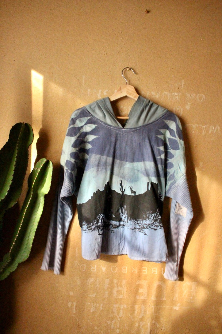 Small/Medium - Desert Blues -Slouchy Long sleeve Hoodie  - Oversized Hoodie - 100% Triiple Layered heavy weight oRganic cotton Gauze - Warm - Cotton open weave sleeves and hood (Copy)
